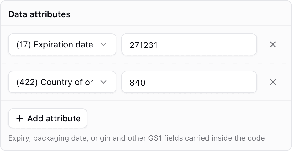 Data attributes rows in the KuikCode editor: an expiration date row holding 271231 and a country of origin row holding 840
