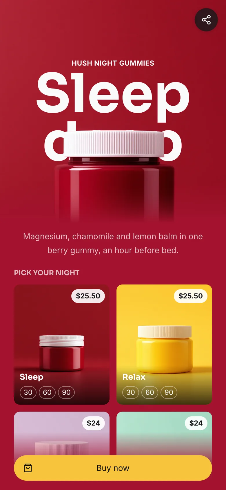 A supplements KuikPage: the jar, the flavors with prices and a Buy now bar