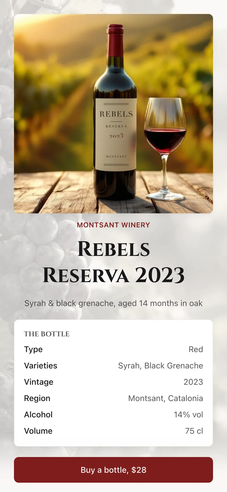 A wine KuikPage: the bottle, its specs and a Buy a bottle button