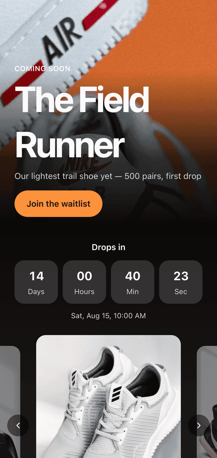 A KuikCode landing page for a product launch with a countdown and signup form