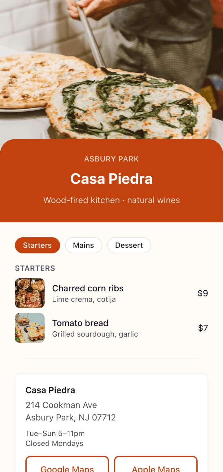 A KuikCode landing page showing a restaurant menu with photos and prices