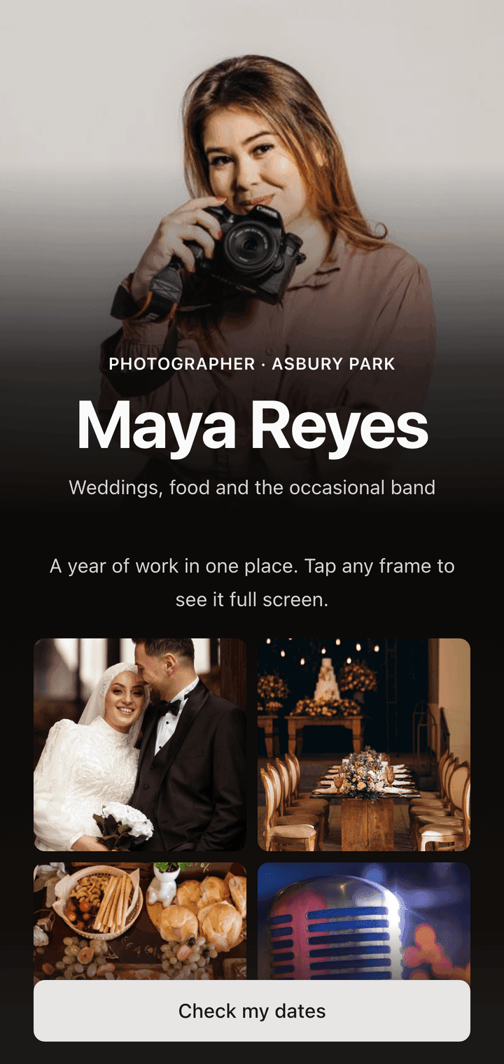 A KuikCode landing page showing a photography portfolio