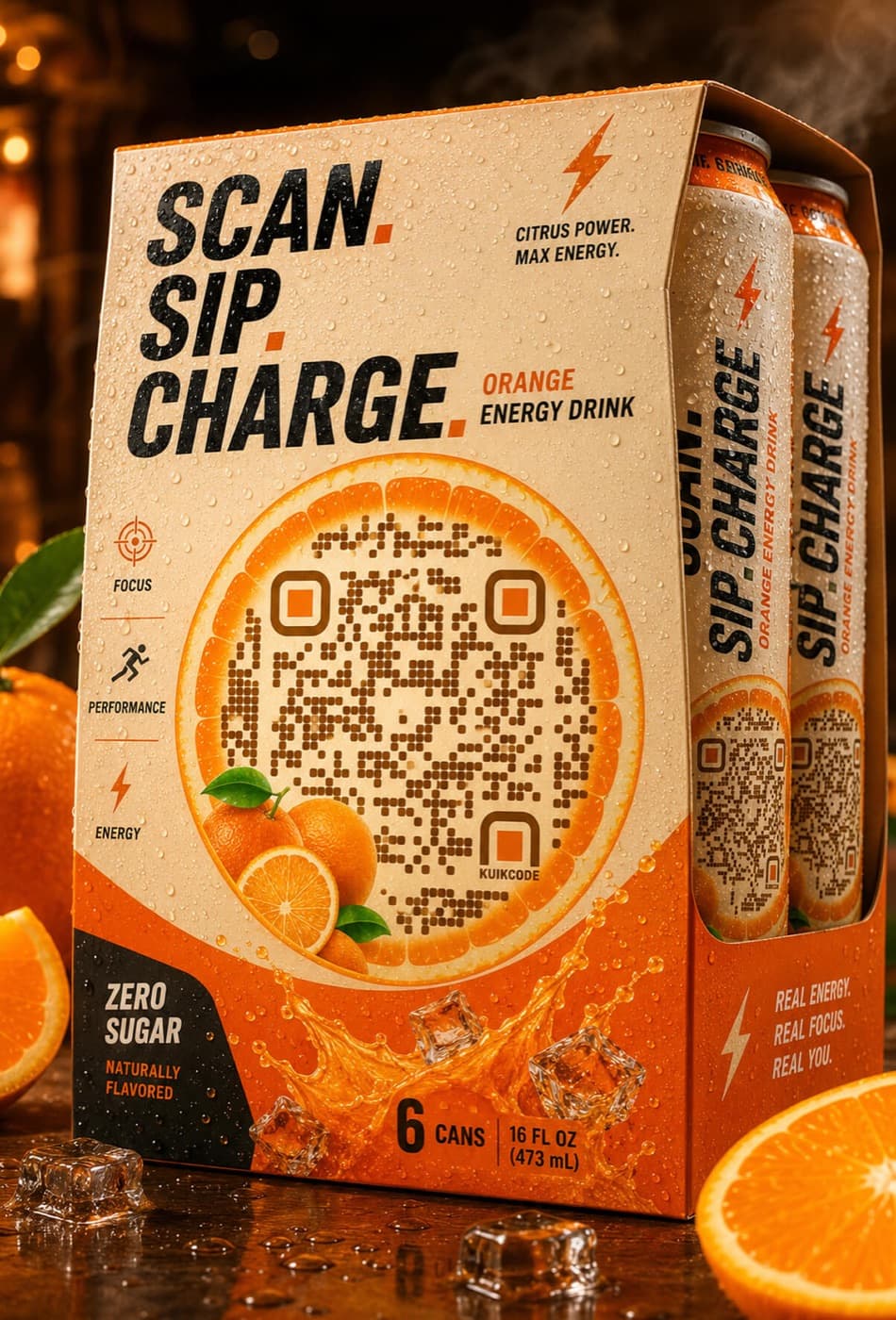 Energy drink packaging with an orange slice KuikCode QR printed into the design