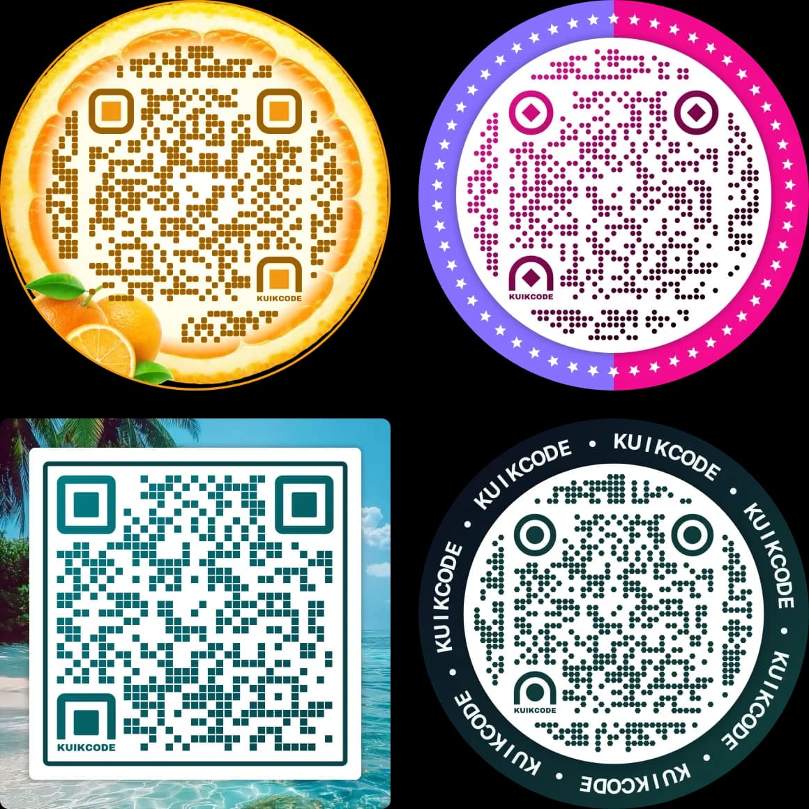 Four designed QR codes: an orange slice, a star ring, a beach photo frame and a lettered badge