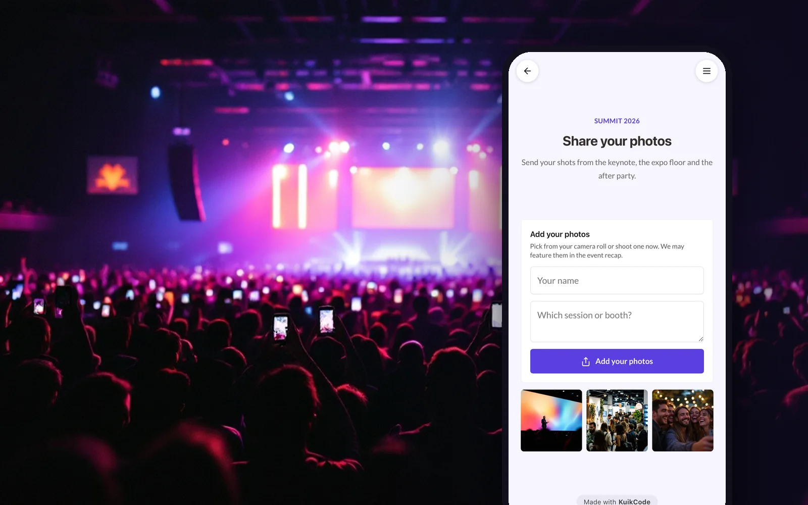 A conference crowd holding up phones at a lit stage, next to an event page where attendees add their photos