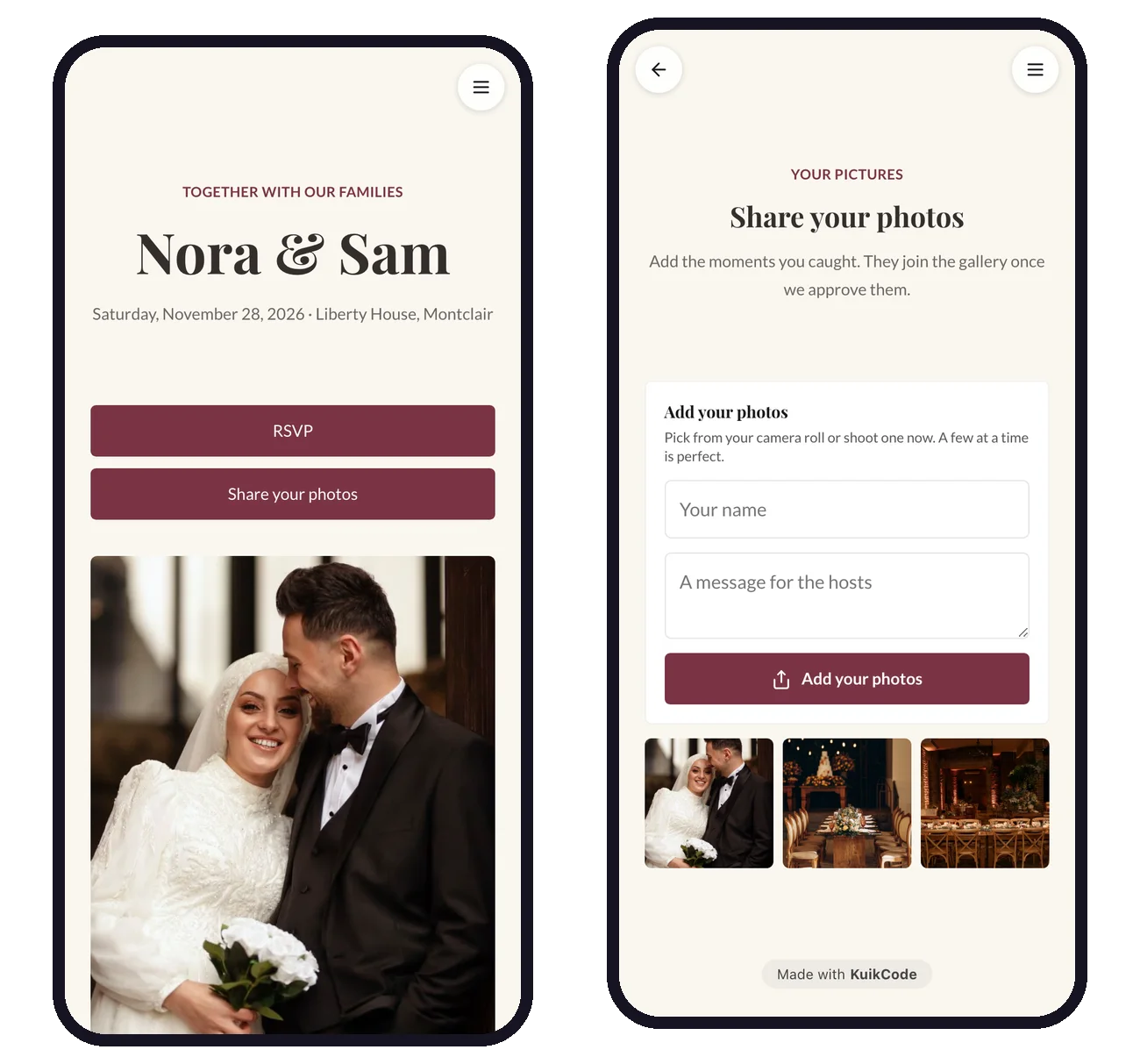 A wedding KuikPage next to its Photos page, where guests add their pictures