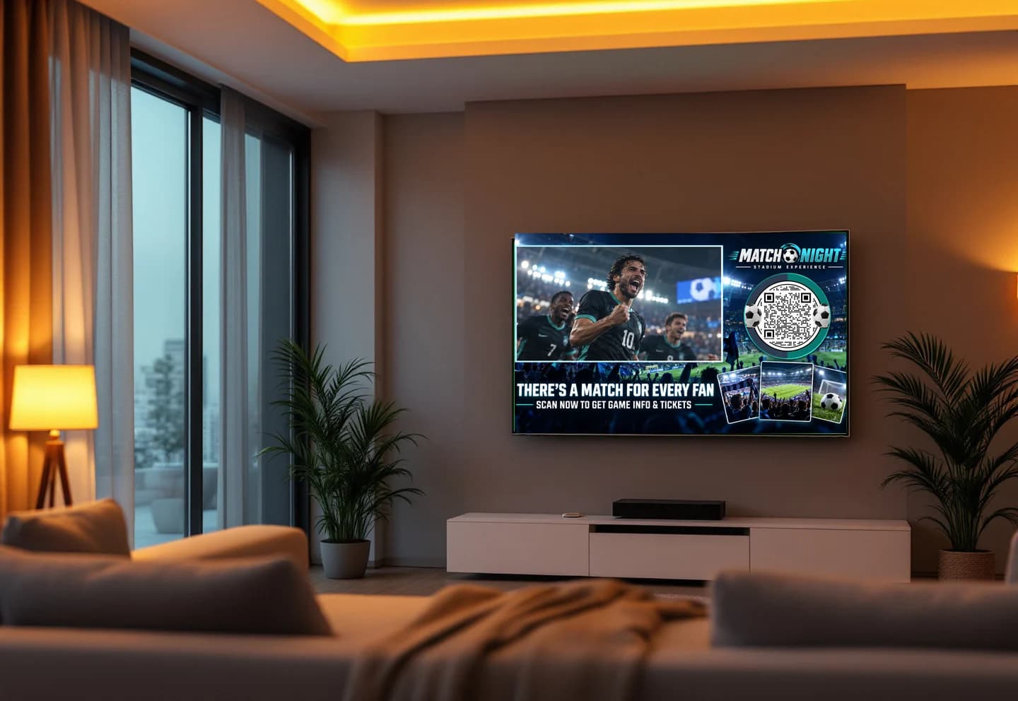 A living room TV showing a Match Night ad with a designed QR code and the line Scan now to get game info and tickets