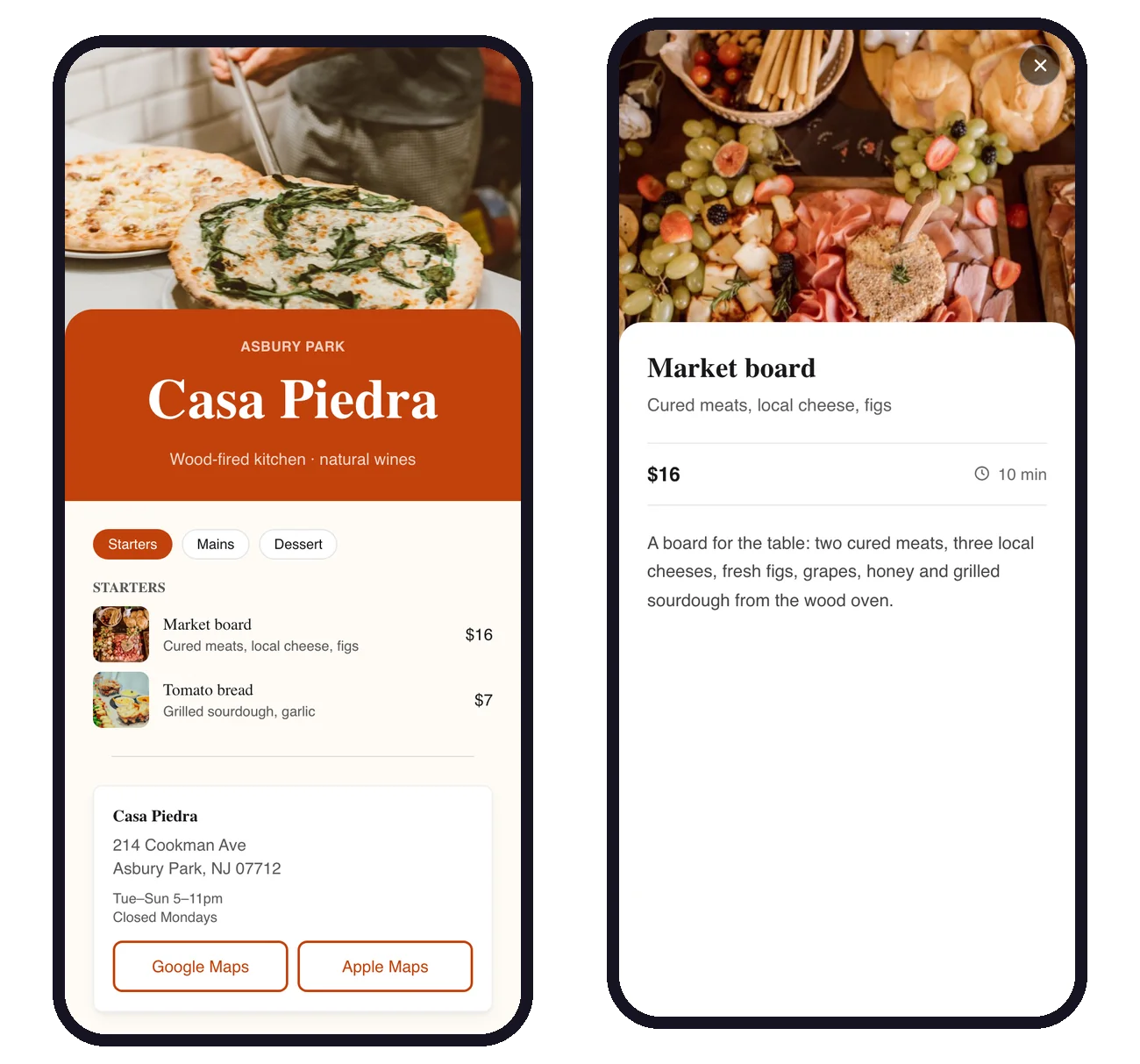 A restaurant menu KuikPage with section tabs and dishes, next to a dish detail with photo, price and cook time