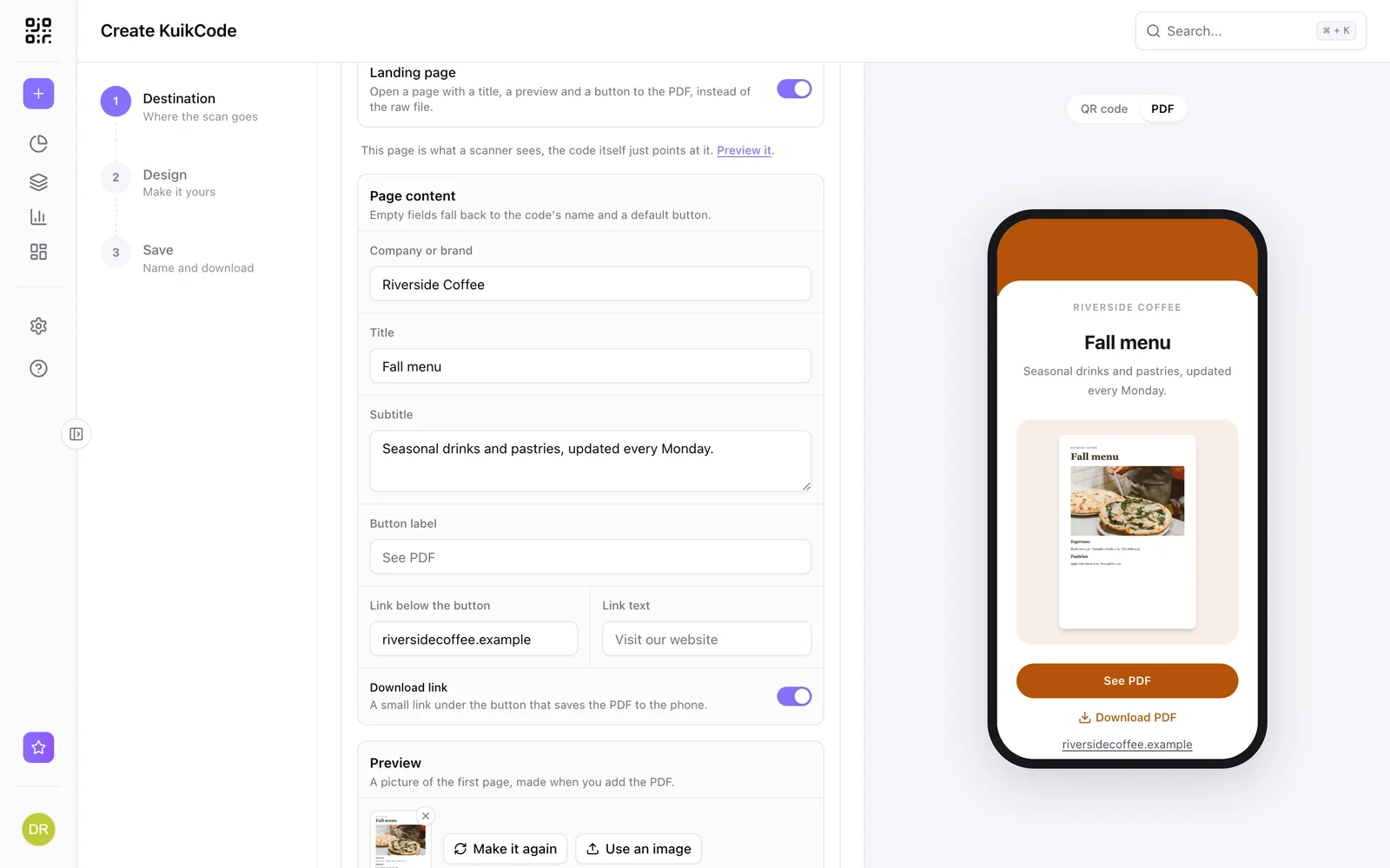 A PDF code with its landing page previewed on a phone