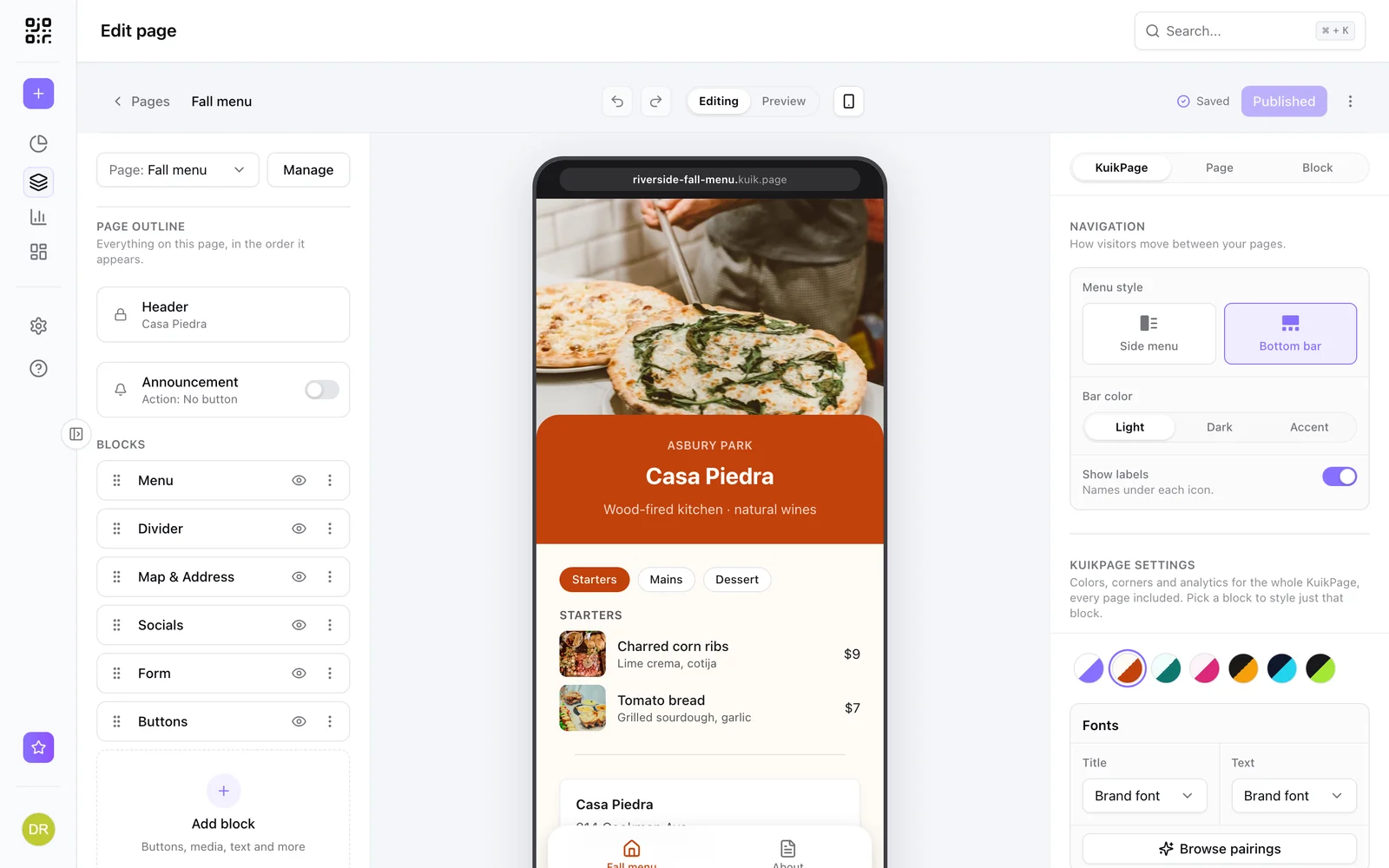 The KuikPage editor with a page outline, a phone canvas and the inspector