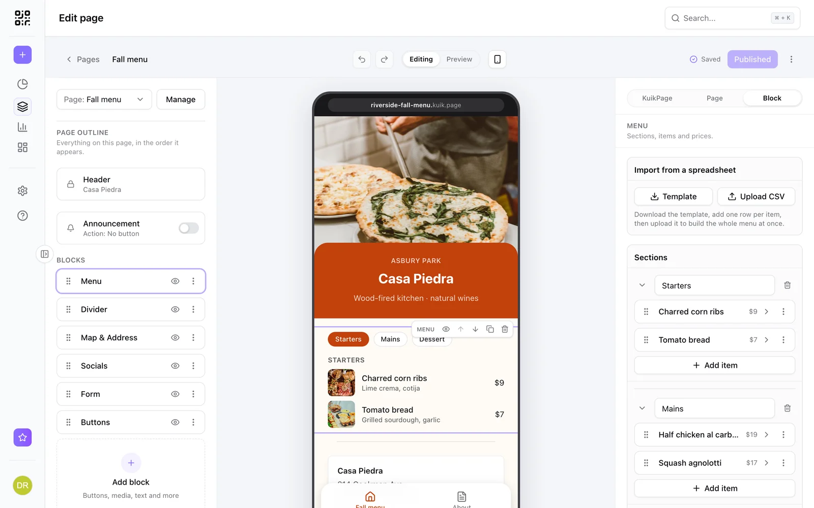 The KuikPage editor with the Menu block selected, showing CSV import, sections and dishes