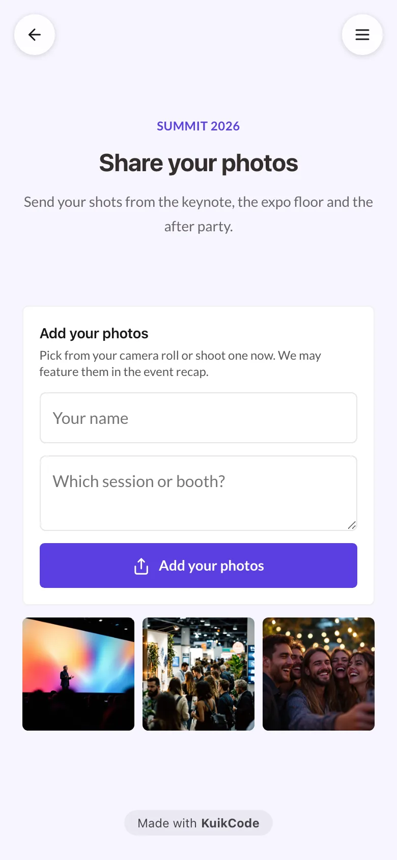 An event page on a phone with an Add your photos card and a gallery of keynote, expo and party photos