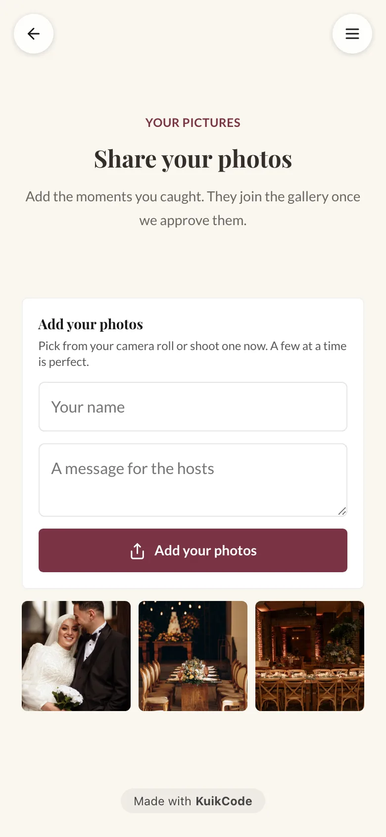 A wedding Photos page with the Add your photos card and a gallery of approved photos