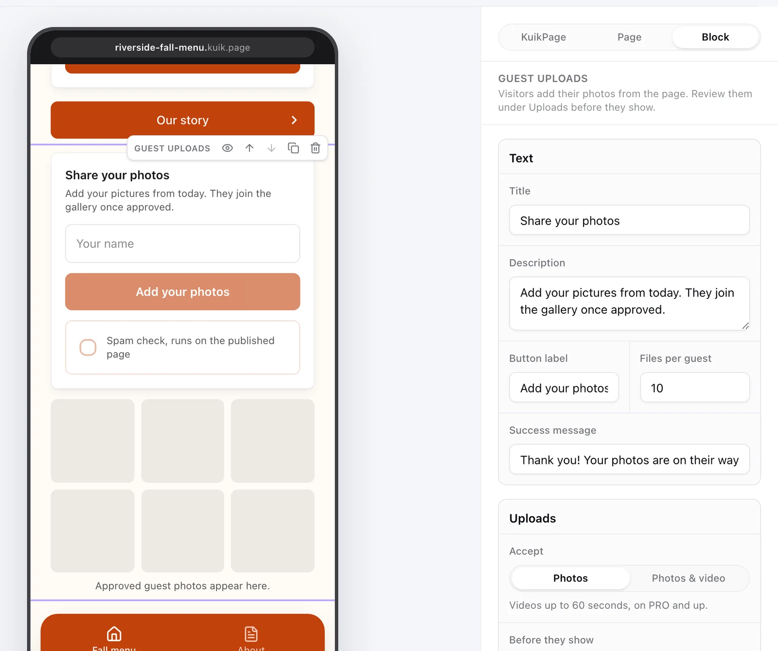 The guest uploads block in the KuikPage editor for collecting photos from guests