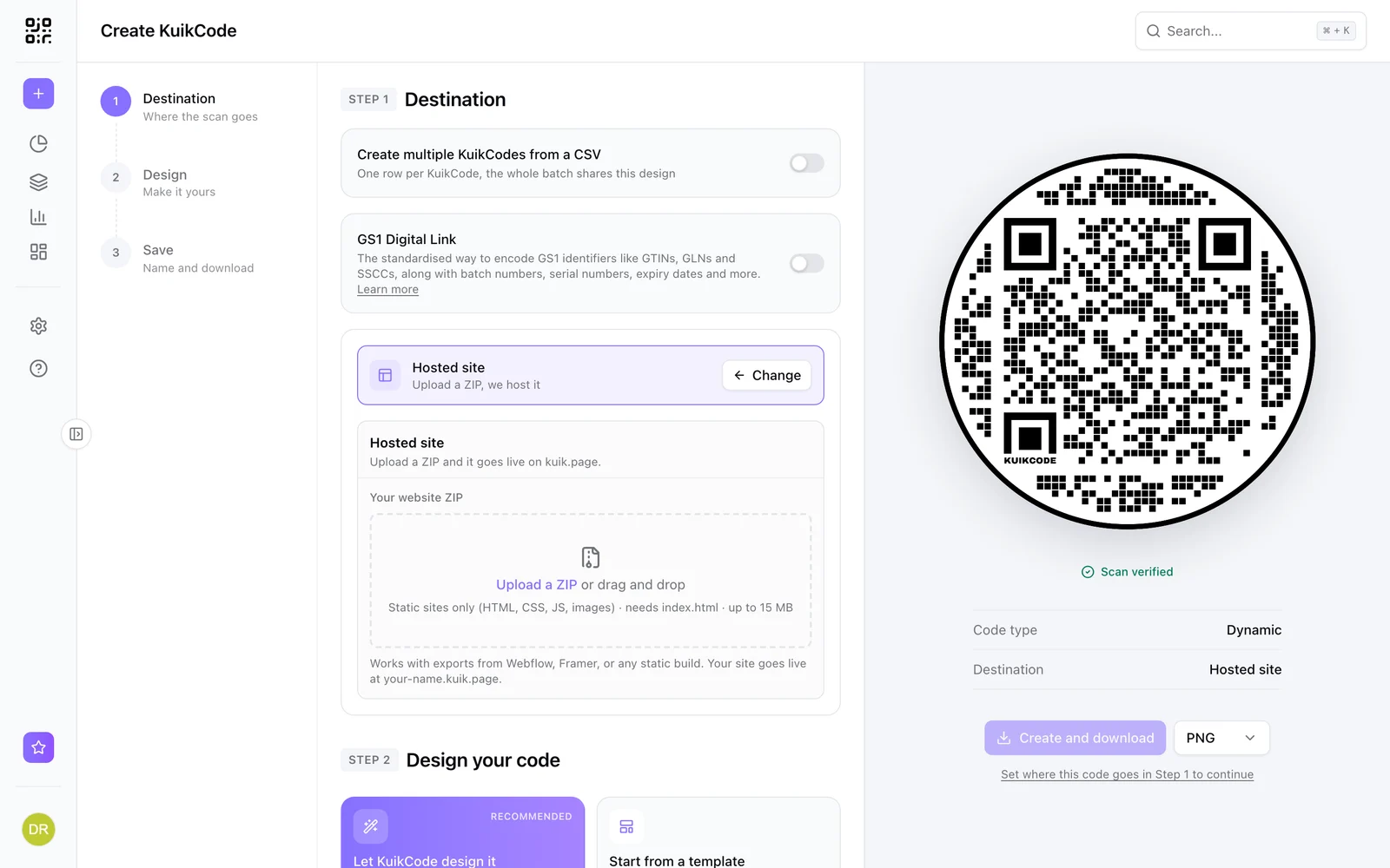 The Hosted site destination in the KuikCode editor with a ZIP upload