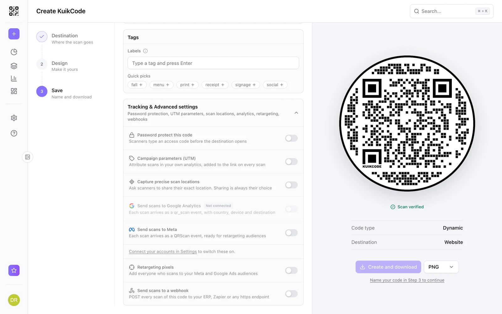 The KuikCode editor with a designed code on the right and its destination, design and save steps on the left
