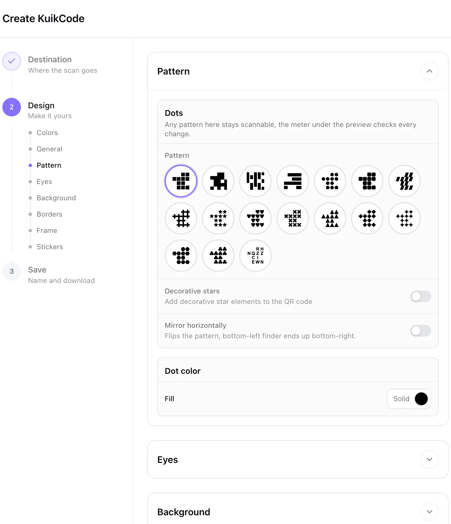 The pattern settings in the KuikCode editor