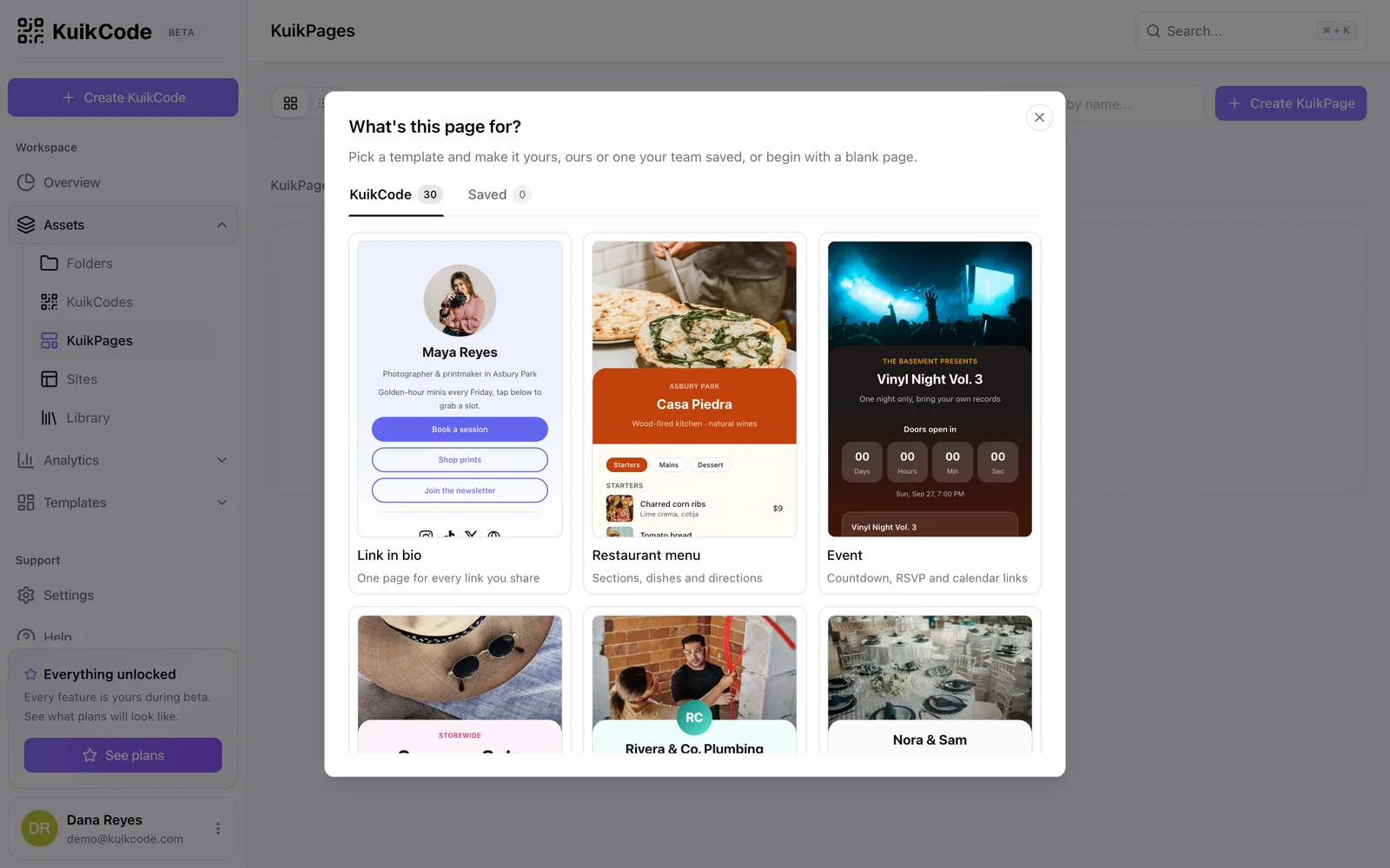 KuikPage templates including Business Card