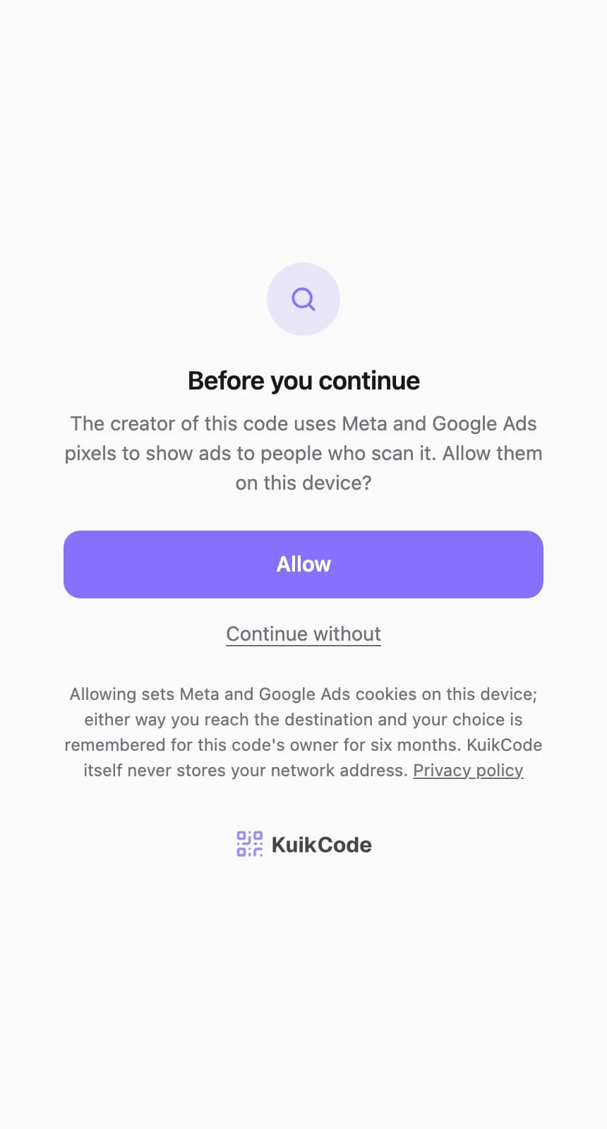The consent screen shown before retargeting pixels fire