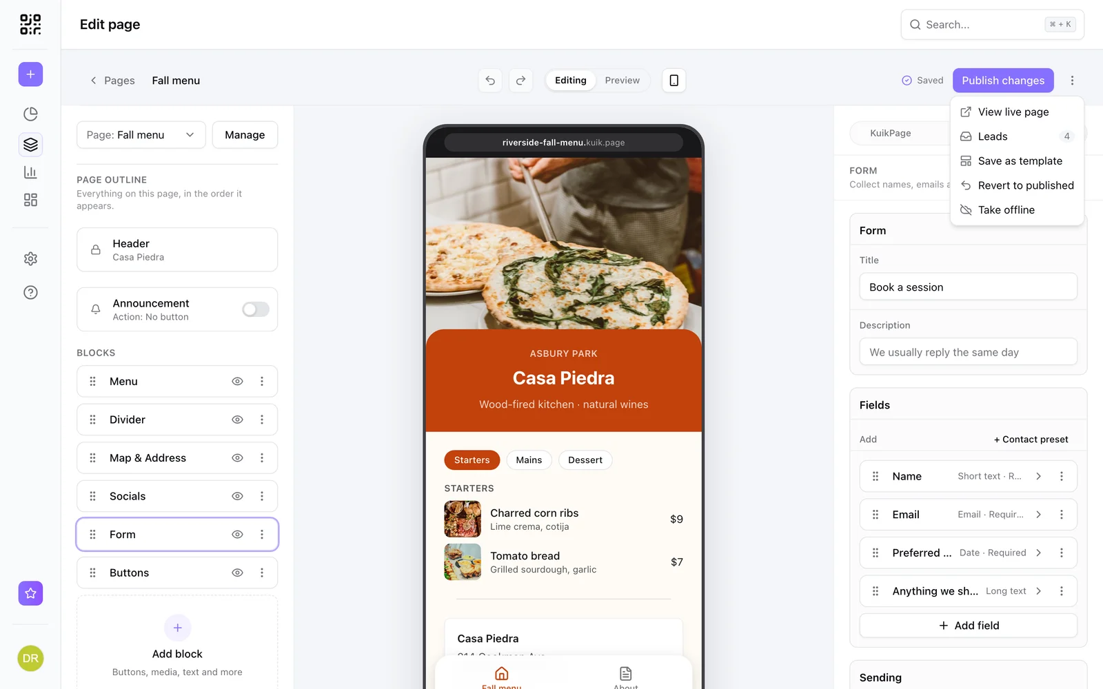The KuikPage editor showing a restaurant menu page with blocks and a form