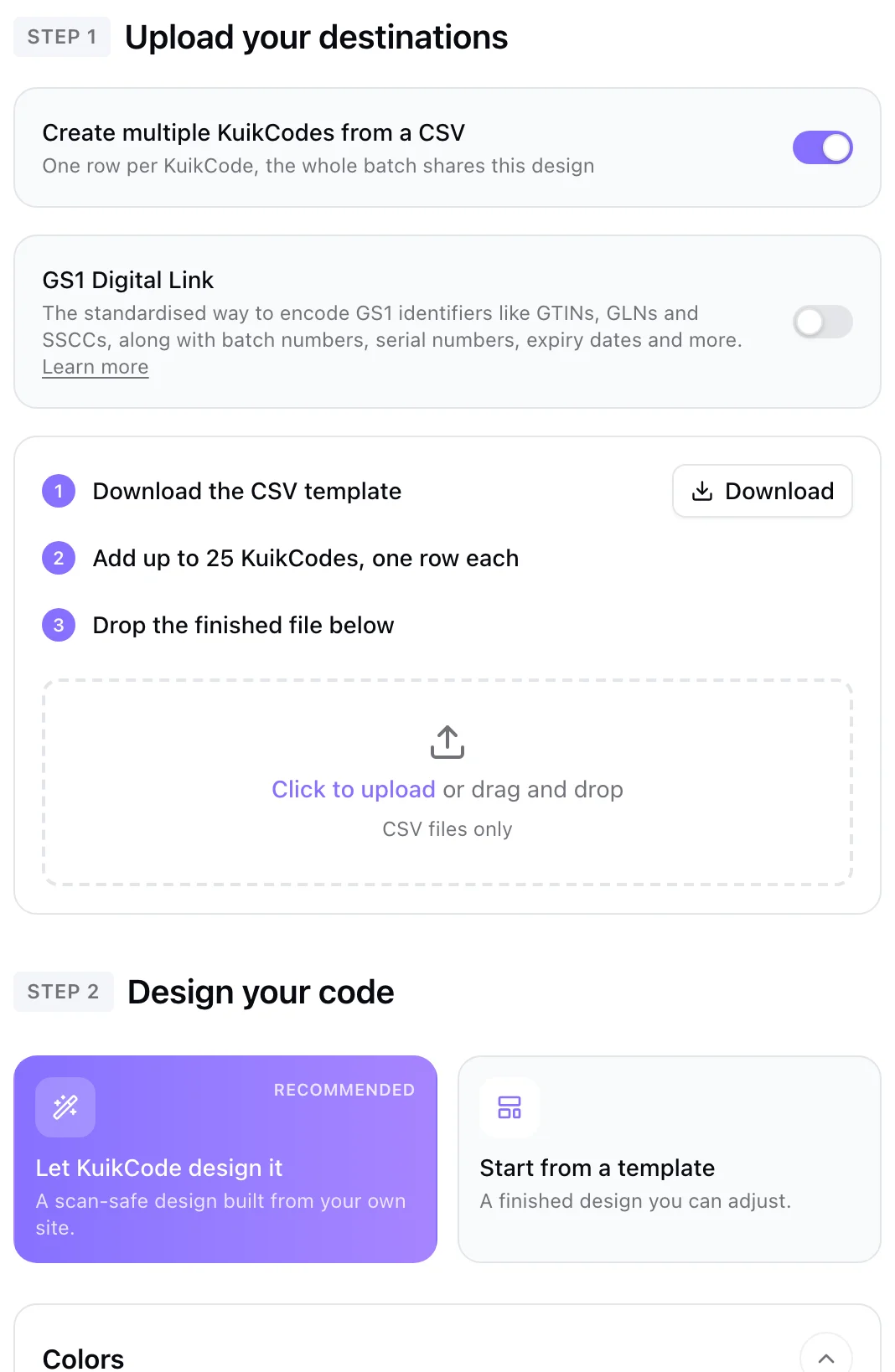 The bulk creation panel for creating many codes from a CSV