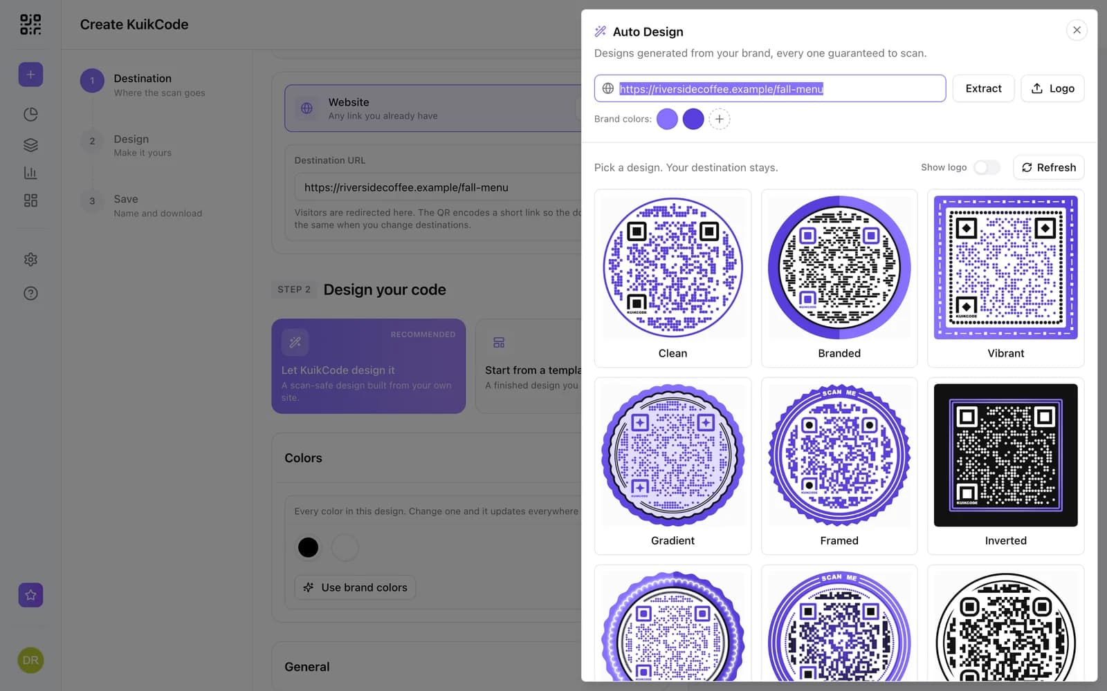 Designed QR code options generated from a website