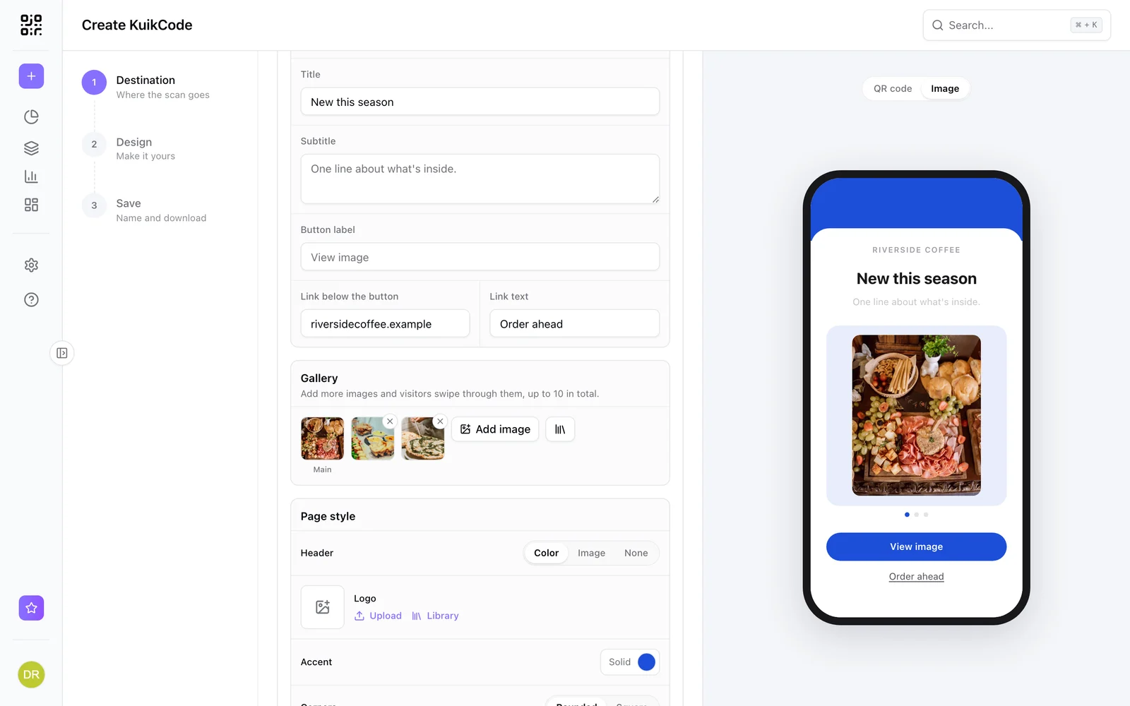 The Image destination with a three image gallery and the phone showing the swipe gallery