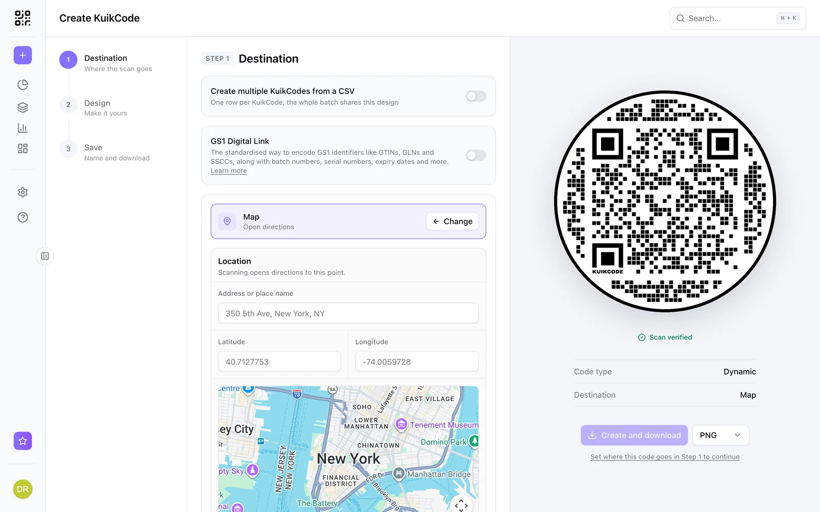 The map destination with an address and a map picker