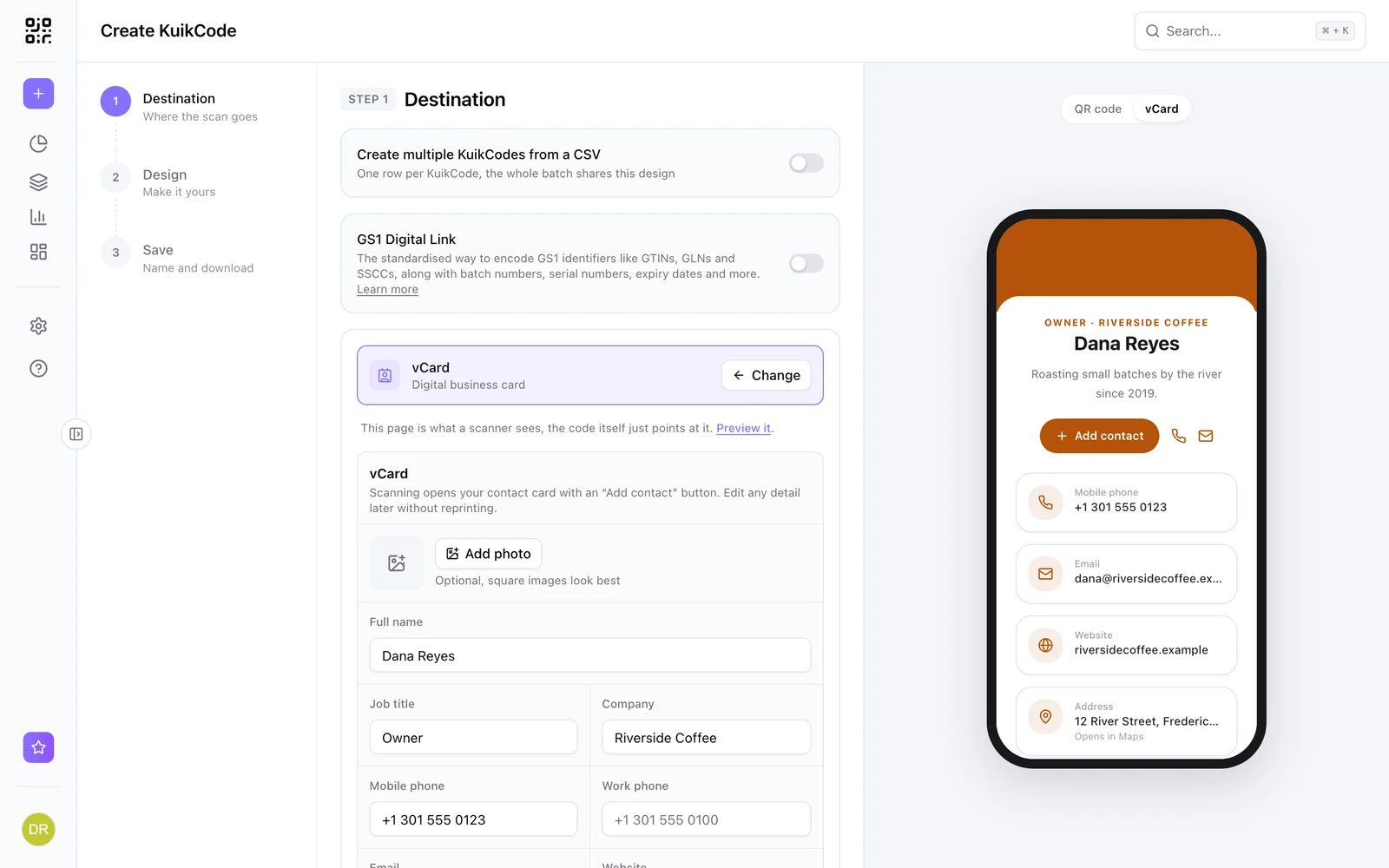The vCard editor with a contact card previewed on a phone
