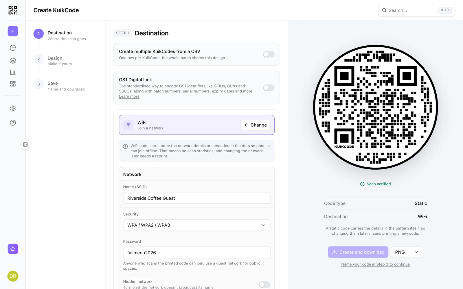 The WiFi editor with network name, security and password