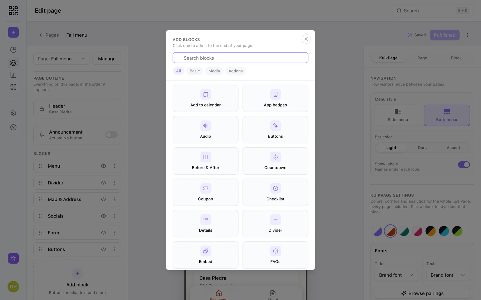 The KuikPage block palette, including the Embed block for forms