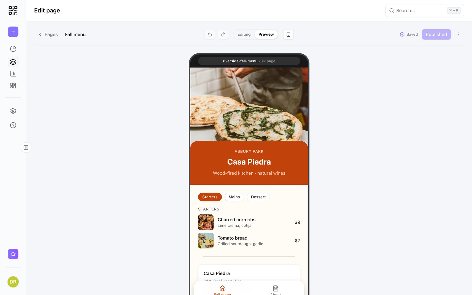 A restaurant menu page with sections and dishes on a phone