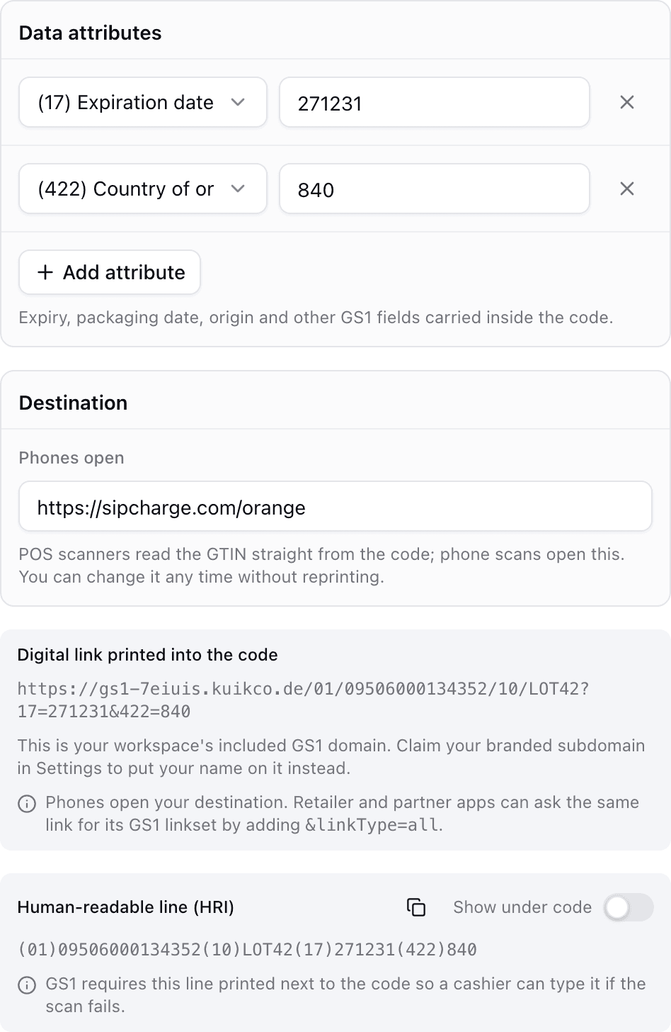 The GS1 destination card in the KuikCode editor: expiry and country attributes, the phone destination, the digital link that will be printed and the human-readable line