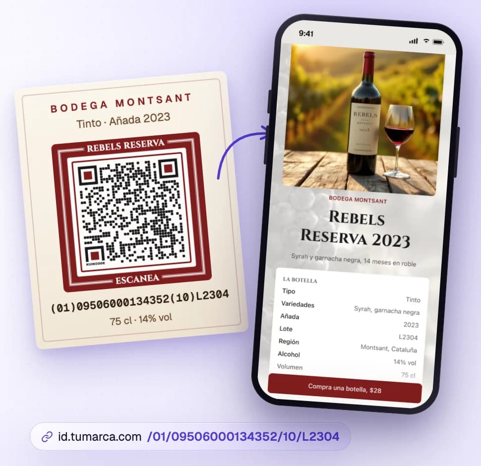 La contraetiqueta de un vino con su KuikCode y la línea legible (01)09506000134352(10)L2304, y un teléfono que abre la KuikPage del mismo vino con el lote L2304