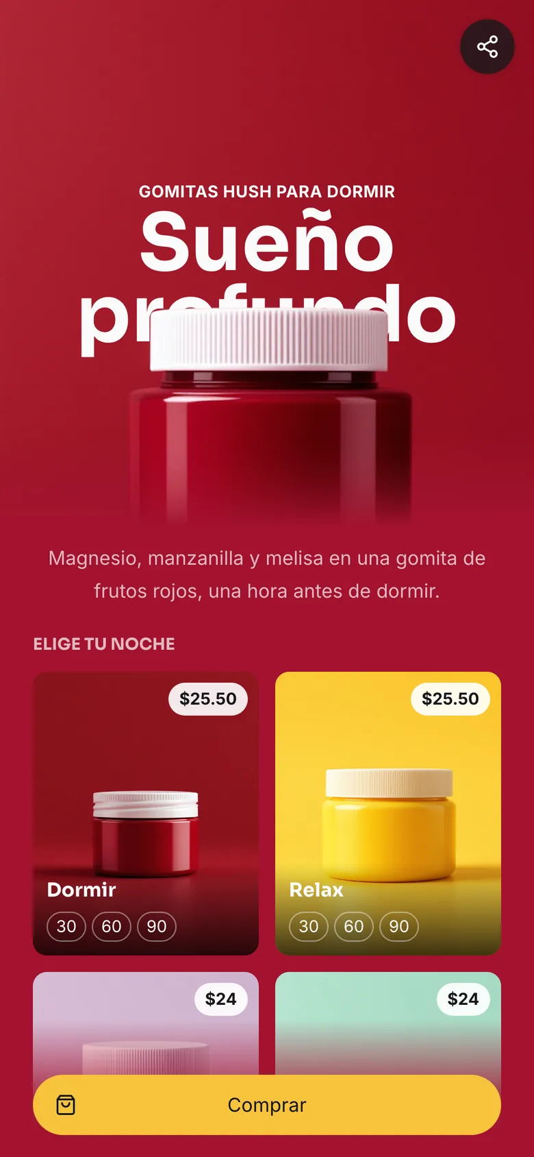 Una KuikPage de suplementos: el frasco, los sabores con precio y la barra Comprar