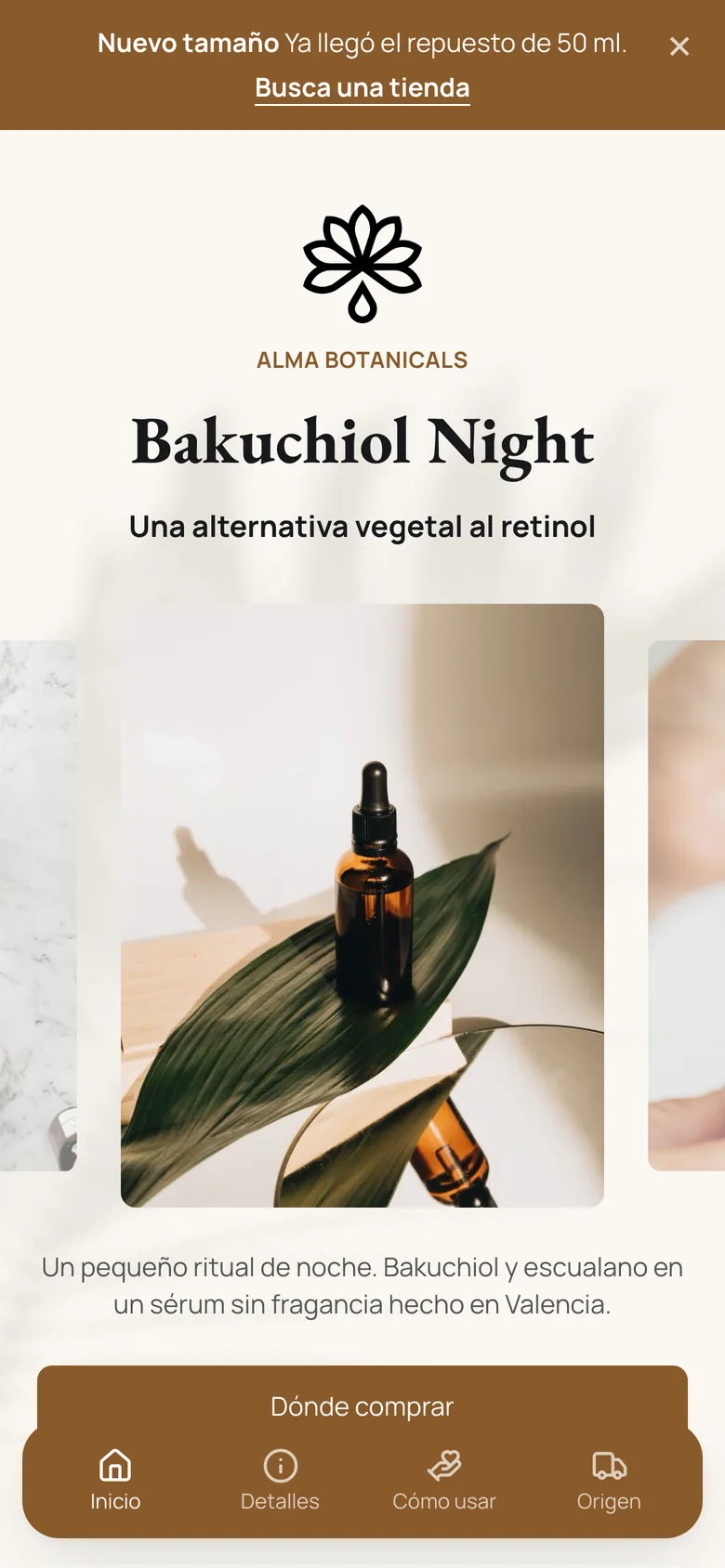 Una KuikPage de cuidado de la piel: el sérum, una descripción y el botón Dónde comprar