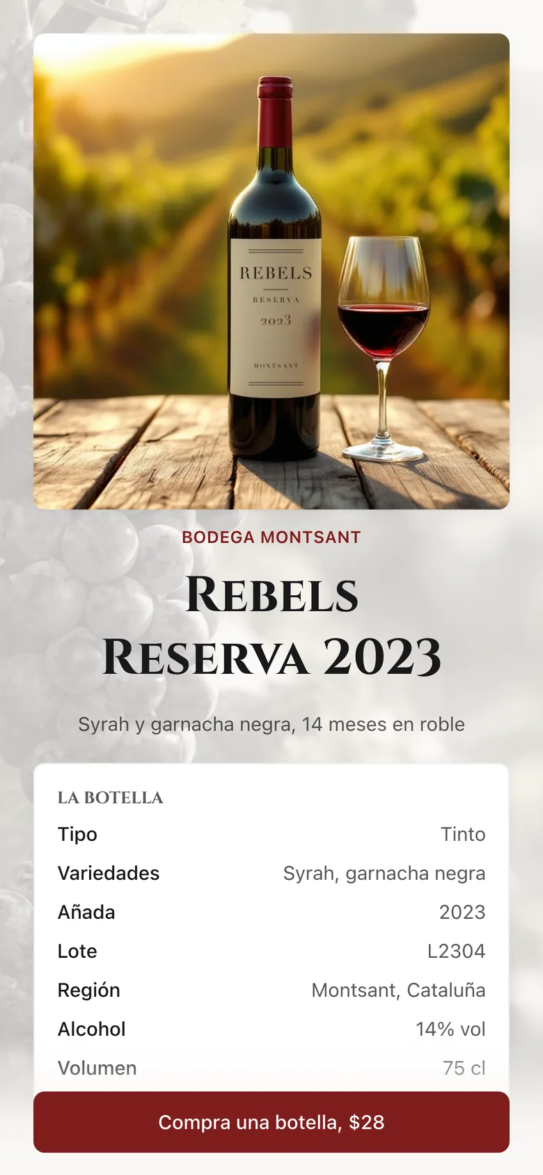 Una KuikPage de vino: la botella, su ficha con el lote y el botón Compra una botella
