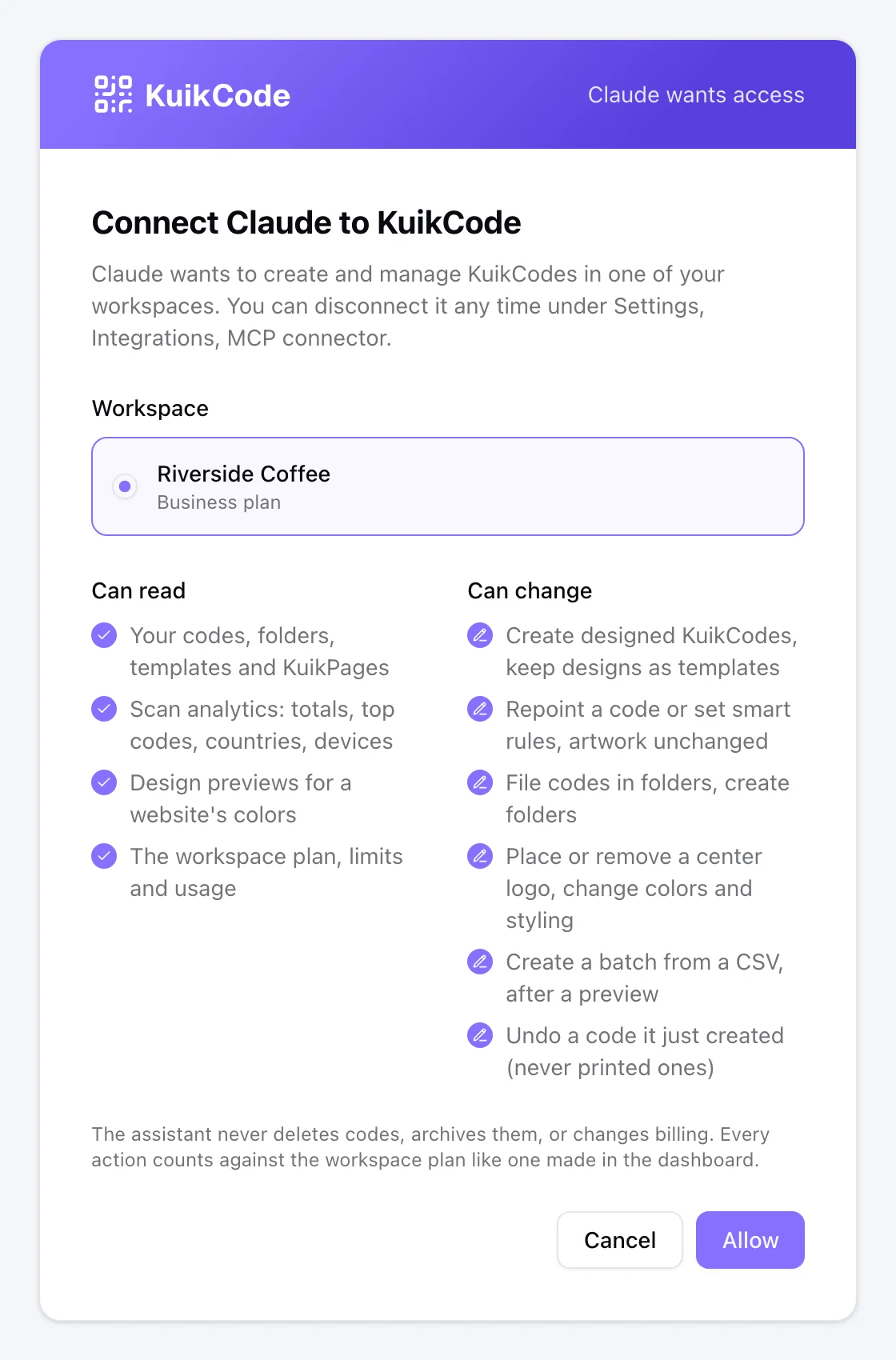 The KuikCode consent screen: the workspace to connect, what the assistant can read and change, Cancel and Allow