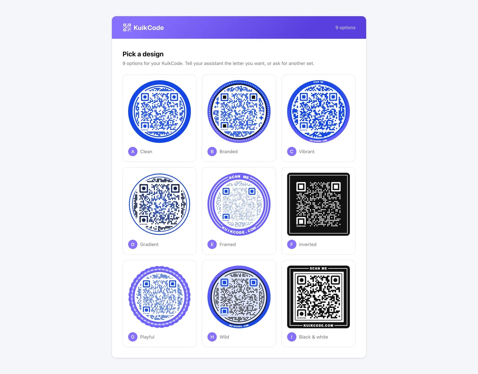 The Pick a design page: designed QR code variants for one destination, lettered A onwards, each with its design family named