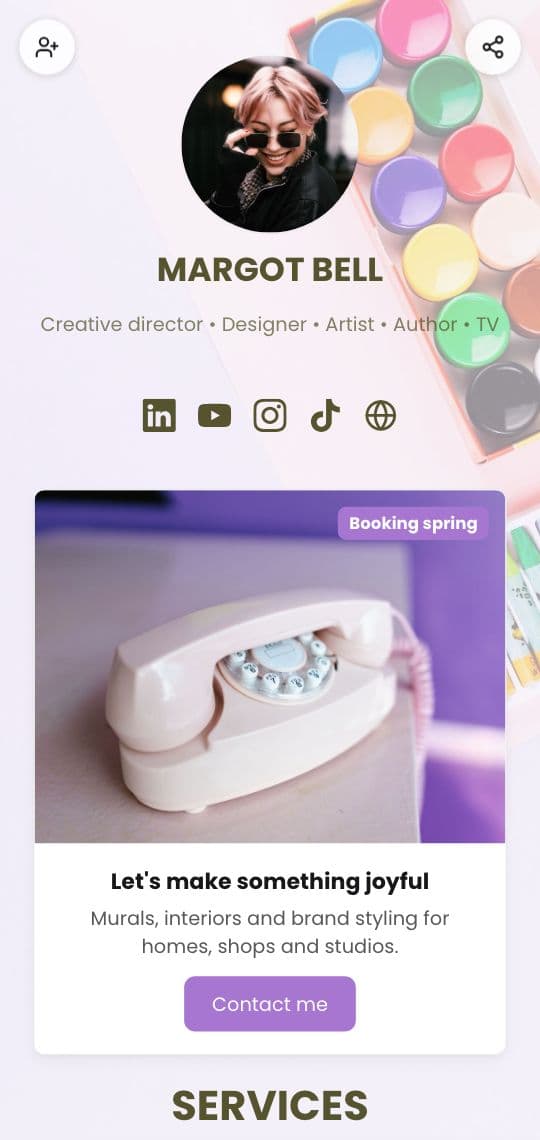 A creator's link in bio page in KuikCode with social icons, a booking banner and a contact button