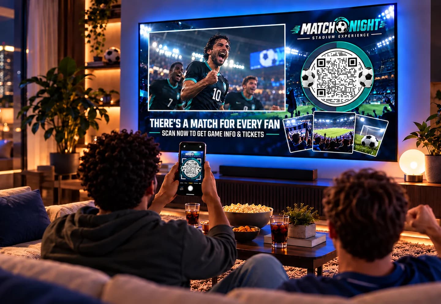 Dos amigos en un sillón ven un anuncio de Match Night en la TV de la sala mientras uno escanea con el teléfono su código QR con diseño
