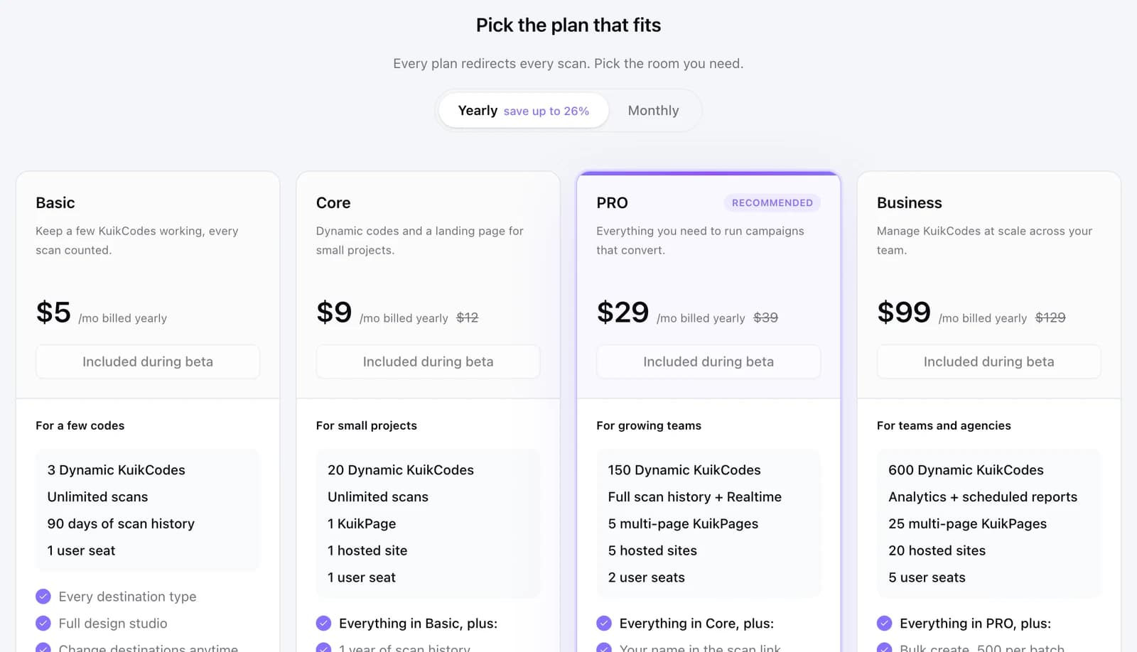 La página de planes de KuikCode: Basic, Core, PRO y Business con sus precios y los códigos que incluyen