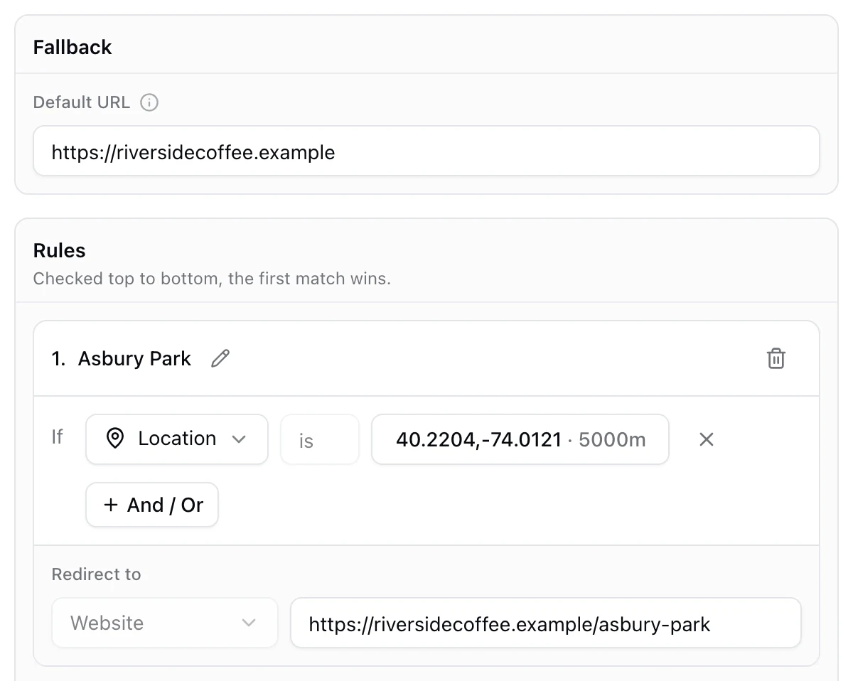 A KuikCode location rule: scans within 5,000 meters of a point in Asbury Park open the Asbury Park page
