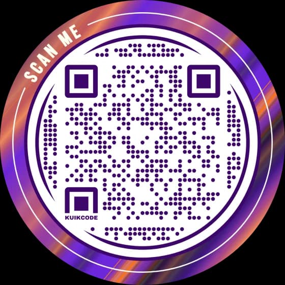 A round KuikCode with violet dots on white, framed by a purple and orange swirled ring with a Scan me label
