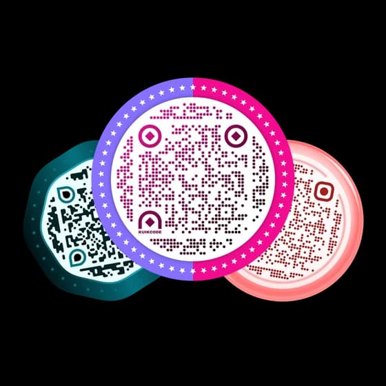 Tres KuikCodes de colores: una ola turquesa, un aro de estrellas morado y rosa, y un aro rosa suave