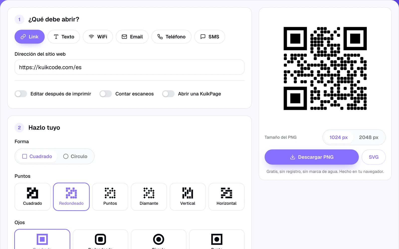 El generador de códigos QR gratis de KuikCode con un link escrito y un código QR listo para descargar
