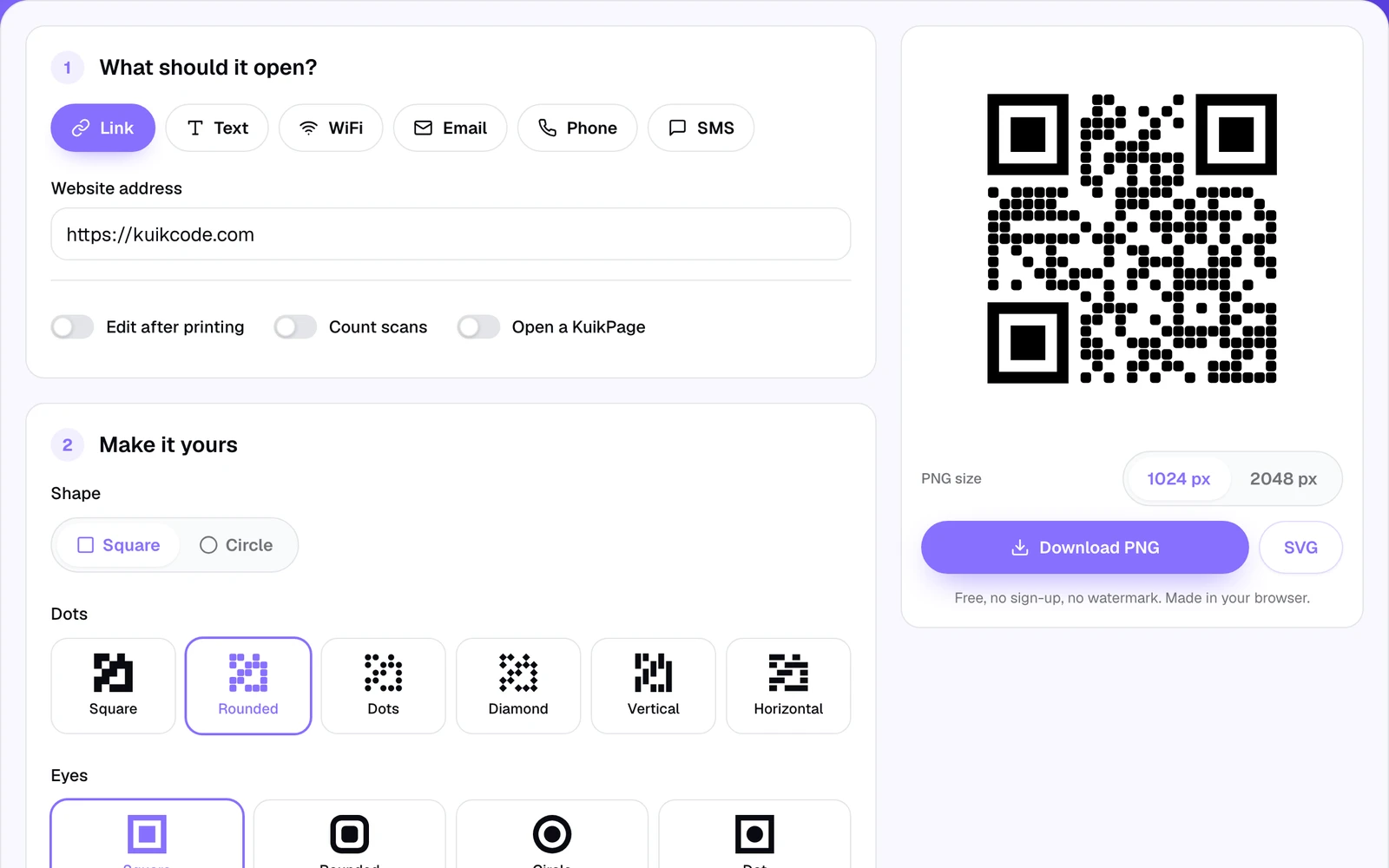 The free KuikCode QR code generator with a link typed in and a QR code ready to download