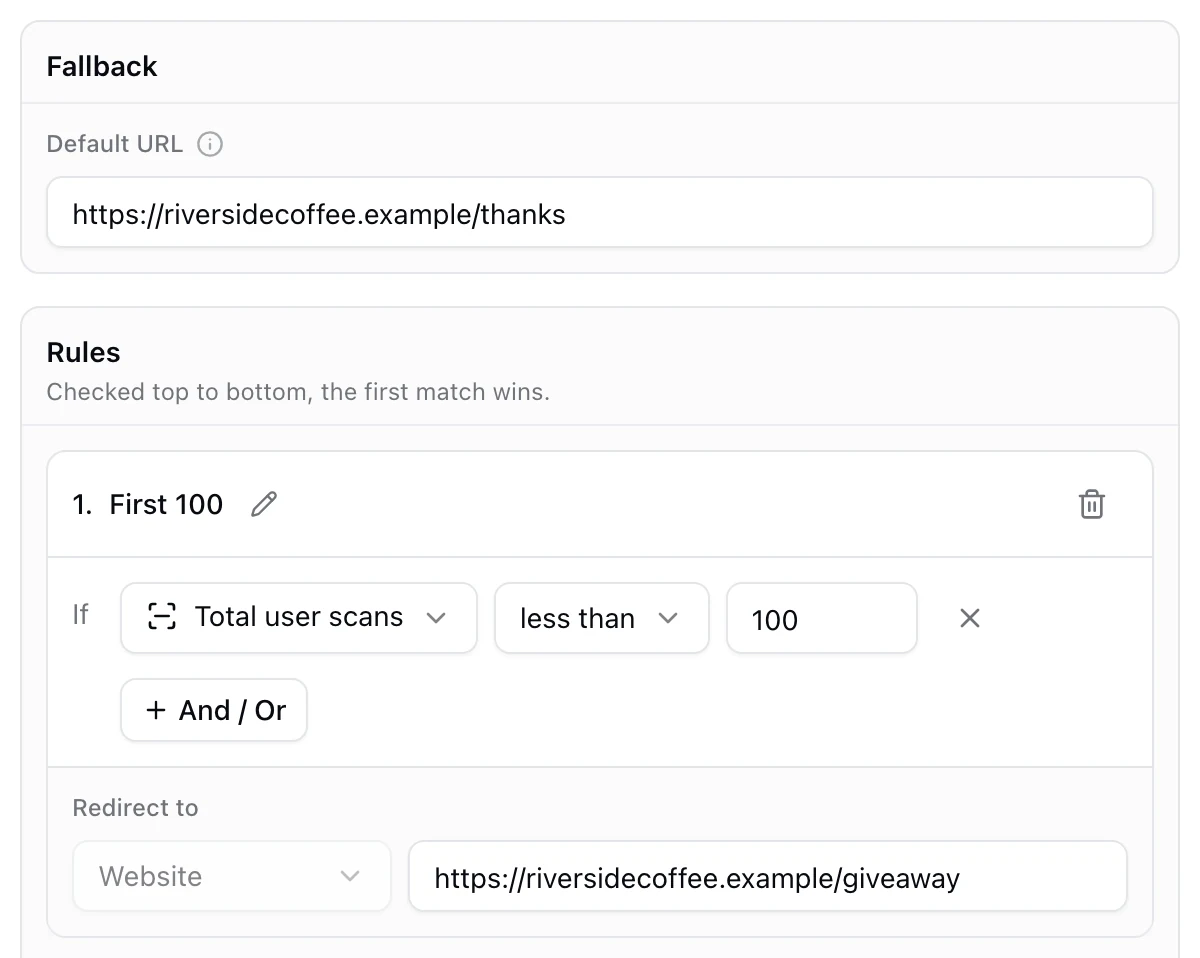 A KuikCode scan count rule named First 100: Total user scans less than 100 opens the giveaway page, the fallback opens a thank you page