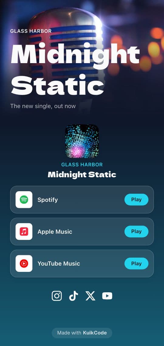 A KuikPage built from the Music Drop template: the single Midnight Static by Glass Harbor, with Play buttons for Spotify, Apple Music and YouTube Music