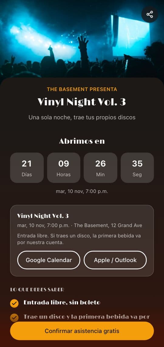 Una página de fiesta hecha con la plantilla Evento de KuikCode, con cuenta regresiva, botones para agregar al calendario y un botón para confirmar asistencia